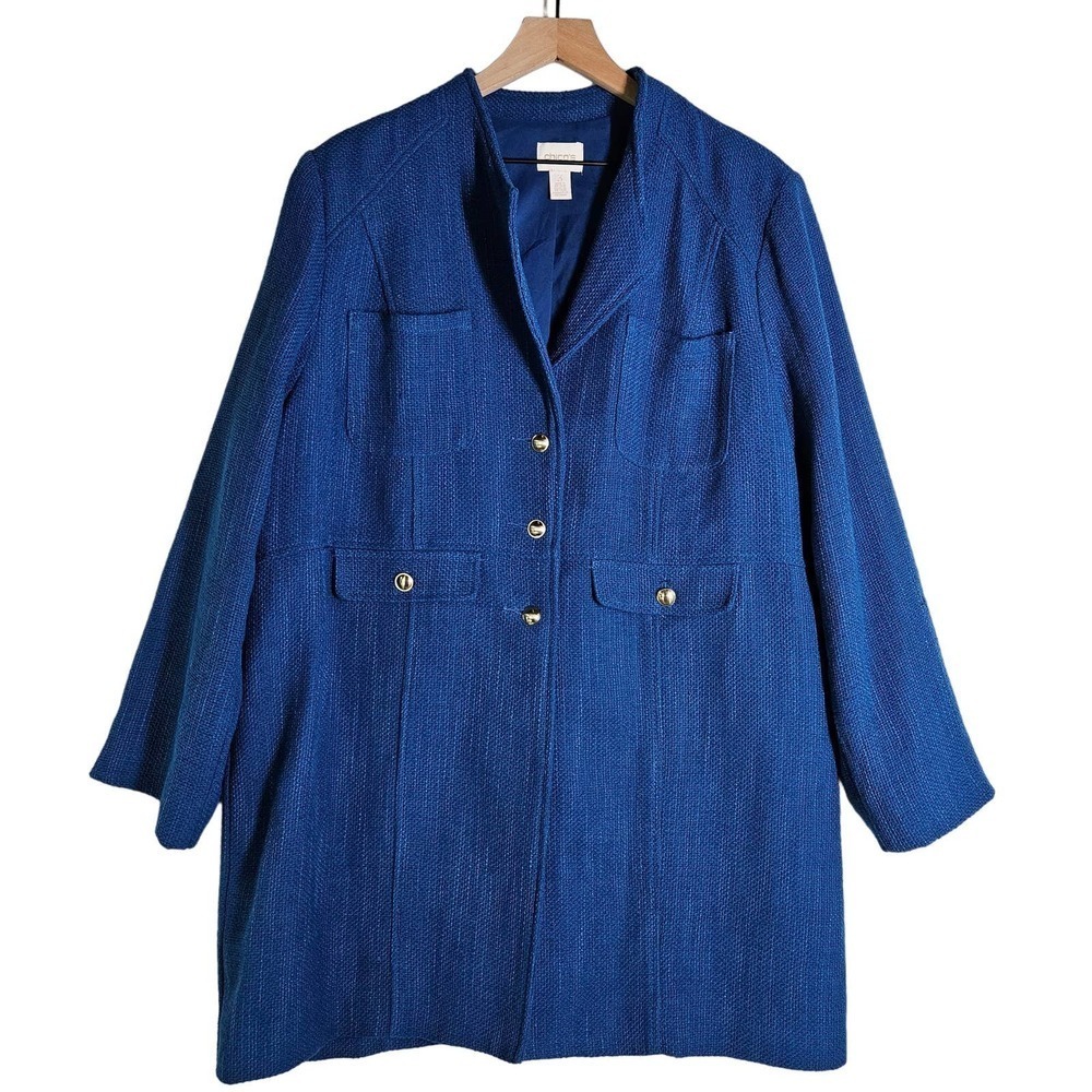 Chico's Woven Tweed Jacket‎ 3 XL/16 Teal Blue Textured Button Front Coat